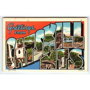 Vintage Greetings From Catskills NY Linen Large Letter Postcard C.T. & Co. 1946